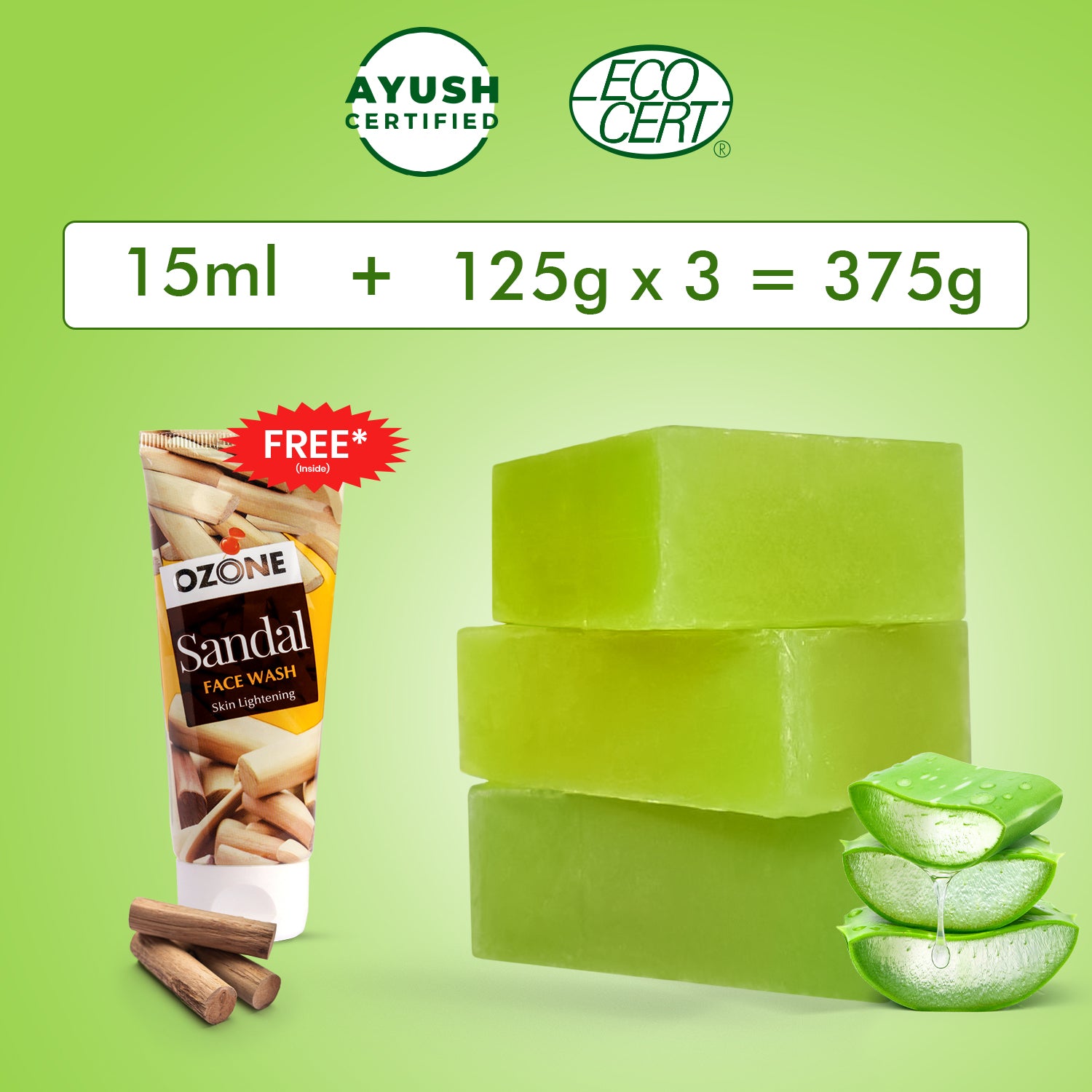 Aloe Vera Bathing Bar (Pack of 3) + Free Sandal Face Wash
